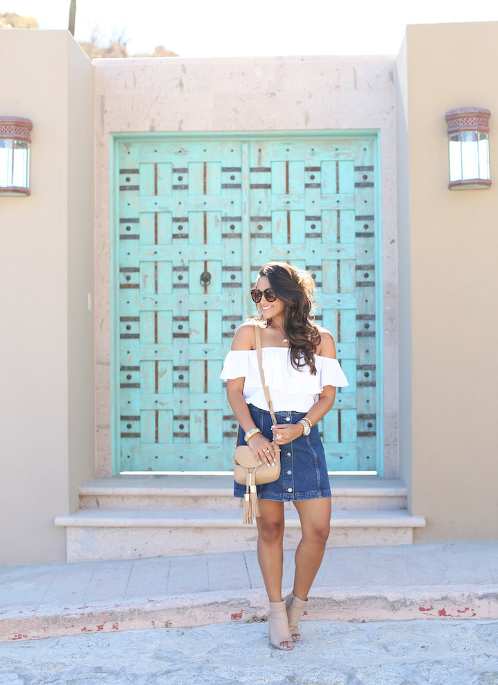 Off shoulder top with best sale denim skirt