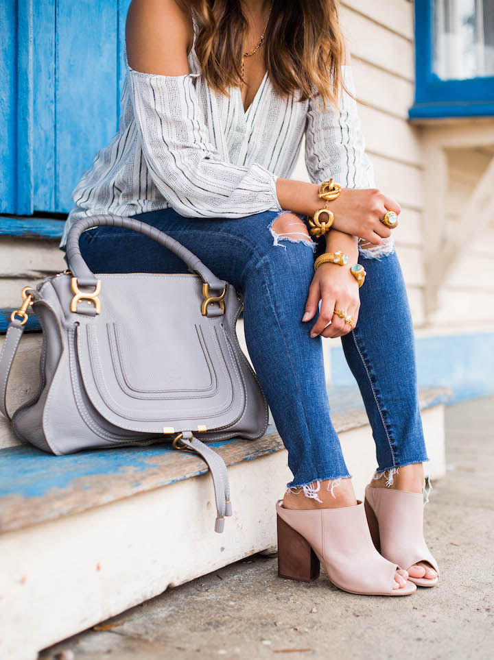 Open Shoulder Blouse + Block Heel Mules 