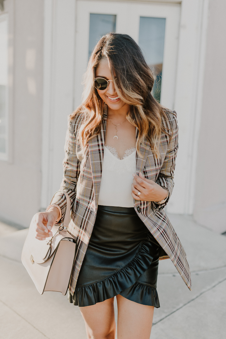 Leather mini shop skirt and blazer