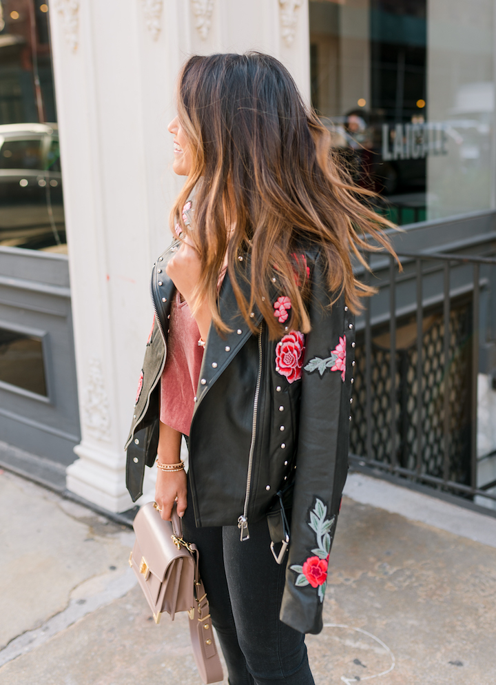 Leather Statement Embroidery Moto Jacket