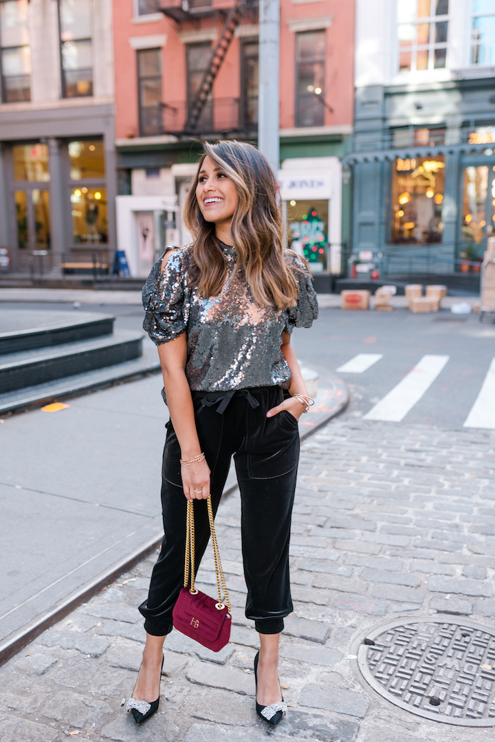 Sequin Pants Outfit Idea — bows & sequins